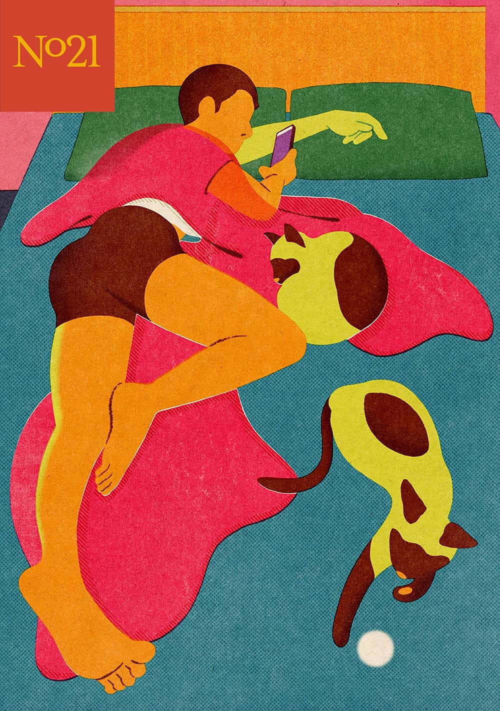 Bright, graphic illustration of a man lounging on a bed, looking at his phone, along with 2 cats.