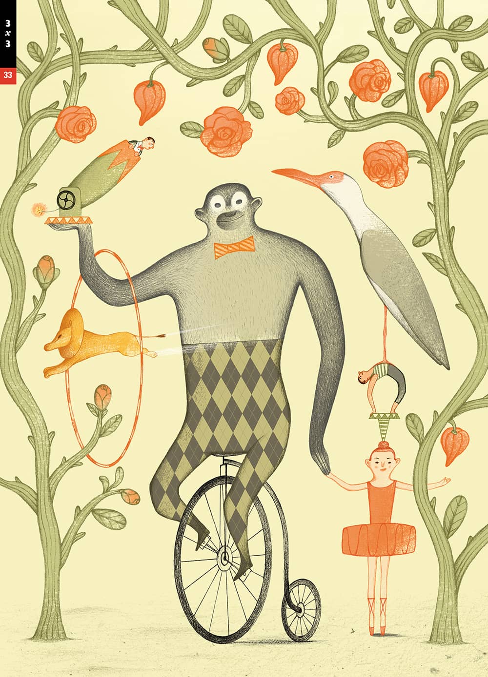 3x3 Issue A whimsical painting of a dapper monkey riding an old-fashioned bike with other circus folk and animals, surrounded by flowering vines.; Cover image by Marie Lafrance