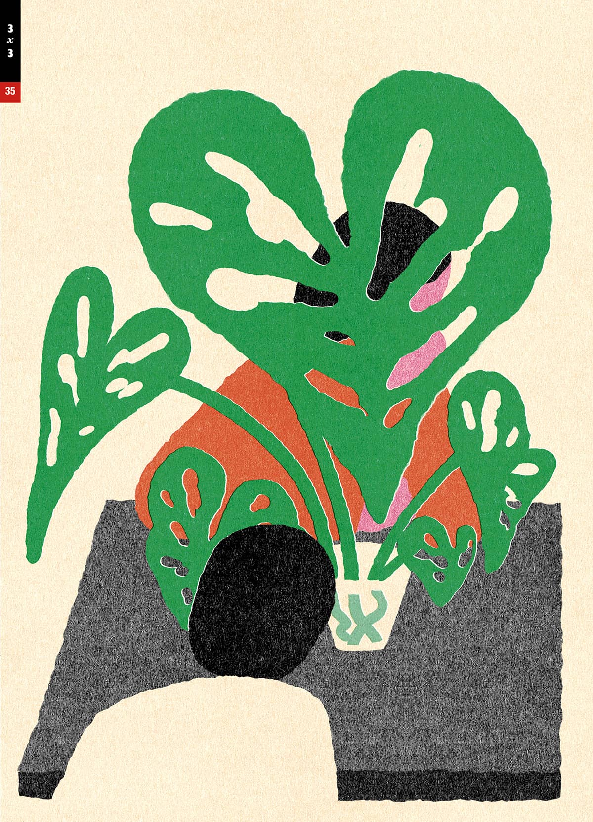 3x3 Issue Graphic illustration of two people at a table with a large overgrown plant between them; Cover image by Oyow