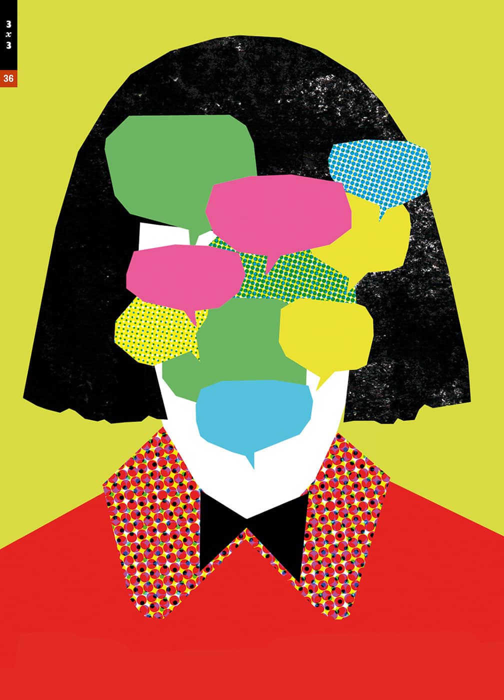 3x3 Issue Graphic illustration of a person whose face is covered with multiple text bubbles.; Cover image by Dorothea Pluta